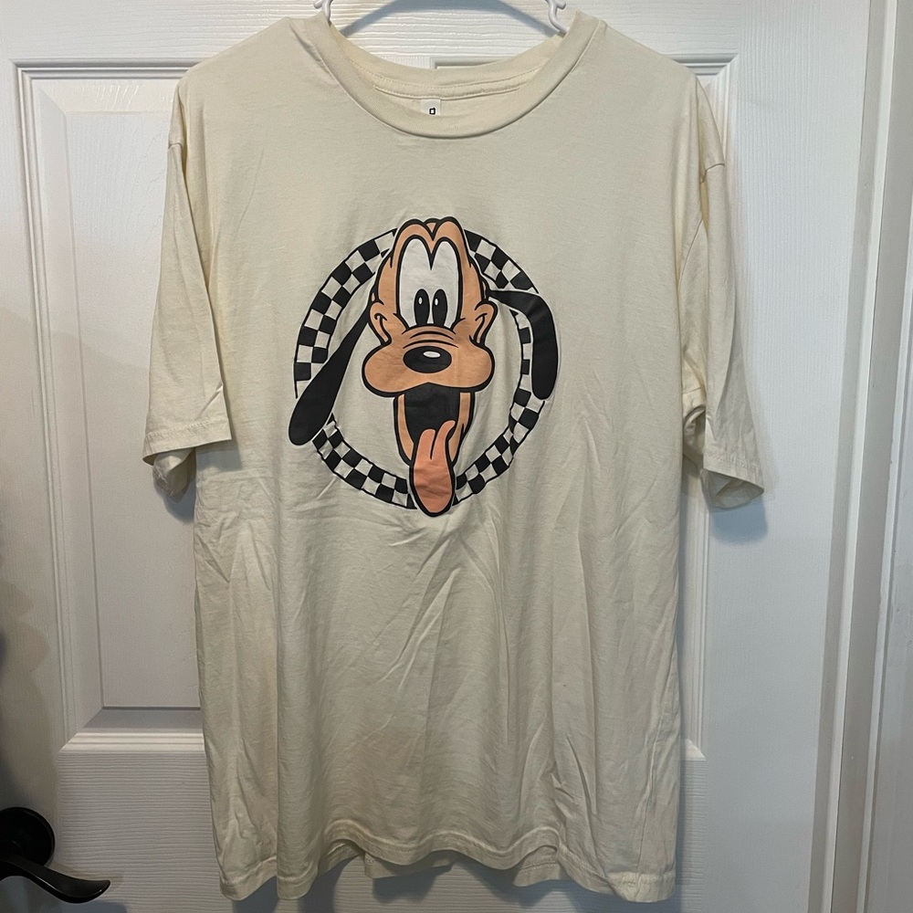 Disney Pluto Graphic Tee • Cream Checkered Circle •Unisex • XL